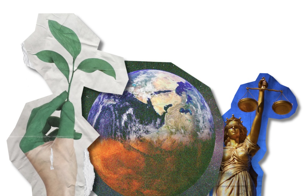 Collage de una mano sosteniendo una planta, el planeta Tierra y la estatua de la Justicia